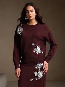 Anewsta Bộ 2 chiếc váy len dệt kim cổ điển đính sequin thanh lịch dành cho nữ - Màu Đỏ Sâu - Xem 5