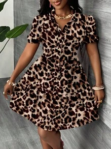 Slaydiva 休闲简约性感风格豹纹全身图案迷你连衣裙，适合女士，适合夏季豹纹连衣裙动物印花连衣裙猎豹印花连衣裙豹纹连衣裙女士豹纹连衣裙适合外出时尚连衣裙 - 彩色 - 查看 4