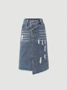 Asymmetrical Waist Distressed Ripped Denim A-Line Midi Skirt, Street Style Cool And Fashionable - Dark Wash - View 3
