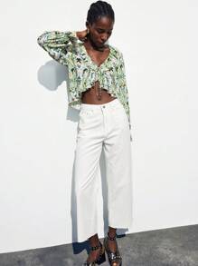 Maija Blusa de manga larga con estampado retro de tótem, con lazo delantero, ribete de volantes, top de estilo bohemio para mujeres - Multicolor - Ver 6