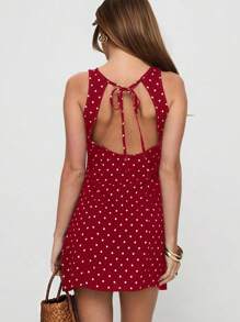 INAWLY Women's Round Neck Sleeveless Back Tie Allover Allover Polka Dot Print Casual Mini Dress - Red - View 3