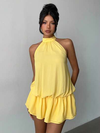 Aloruh Y2K Music Festival Concert Streetwear Young Girls Modest Solid Color Simple Basic Jumpsuit Daily Leisure Commuting Back To School Clothe  Elegant Casual Halter Backless Jumpsuit For Women,  Butter Yellow