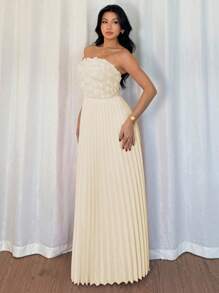 Rafferiza 女式夏季 3D 花卉拼布荷叶边下摆连衣裙，优雅迷人 - 杏色 - 查看 6