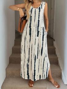 Easowa V 领不对称下摆侧开衩收腰 A 字形无袖几何印花休闲度假优雅女士连衣裙 - 彩色 - 查看 6