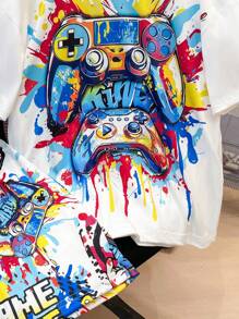SHEIN Set de 2 piezas de camiseta de manga corta con gráfico de videojuego y pantalones cortos para niño preadolescente