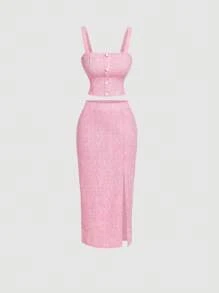 SHEIN MOD 粉色背心上衣、直筒裤、女士优雅套装、修身女士套装、西装外套和裤子、初秋装扮返校学院风上衣两件套裤子老款风格 - 粉色 - 查看 3