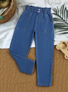 SHEIN 青少年女孩休闲波西米亚风日常中号水洗平底裤腰平口袋卷边妈妈牛仔裤 - 中等水洗藍 - 查看 5