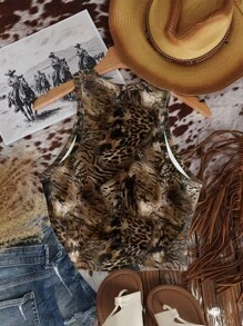 SHEIN EZwear 休闲简约圆领波西米亚风格西部游牧豹纹和奶牛印花图案紧身女式背心，适合夏季、俱乐部适合外出 - 彩色 - 查看 2