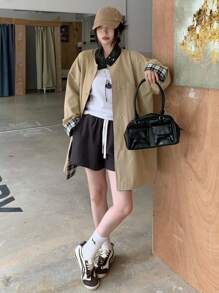 DAZY 女士撞色落肩长袖单排扣宽松休闲夹克秋冬