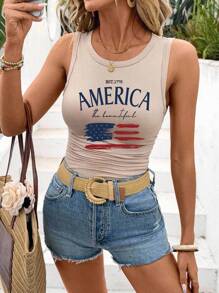 SHEIN LUNE 2pcs Women's Round Neck U.S. Flag & English Print Tight Camisoles, Suitable For Summer Back To School - Multicolor - View 8