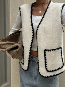 Siren Gaze Veste sans manches femme avec bordure contrastée et poches, veste d'extérieur sans manches avec bordure noire, vintage, rentrée scolaire, automne, hiver