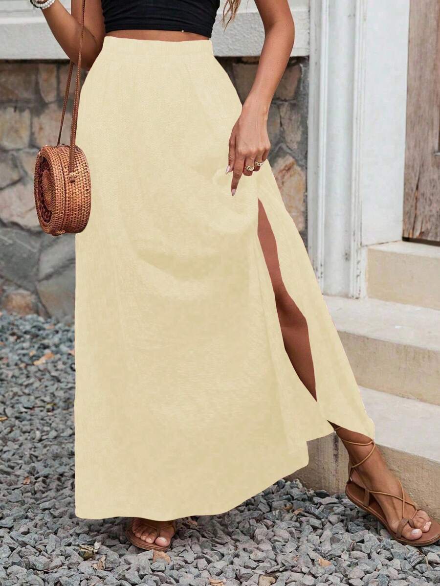 Breezaya 女式纯色开衩休闲假日黄色半身裙，女士波西米亚风开衩长裙，宽松高腰，春秋季，休闲日常穿着度假海滩 - 杏色 - 查看 1