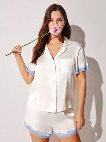 LUVLETTE Damen sexy seidiges Satin luxuriöses Spitzenbesatz Kurzarm Knopf-Oberteil & Shorts luftige Loungewear Pyjama Set Lingerie Braut Wäsche & Nachtwäsche