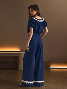 SHEIN Essnce Casual Relaxed Dark-Wash Denim Set, Versatile Resort-Style For Women, Spring/Summer - Blue - View 4