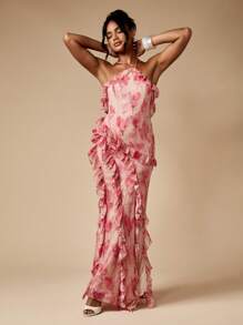 MISSGUIDED Floral Ruffle Maxi Dress Evening Gown Halter Neck Special Occasion Wedding Guest Empire Waist Devore Chiffon Backless Party Formal - Multicolor - View 4