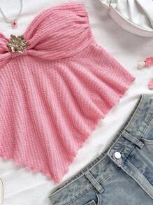 Soleia 金属花朵装饰白色针织女式背心，适合海滩、度假和约会 - 粉色 - 查看 7