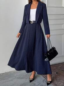 Women Striped And Belted Detailed Skirts - Navy Blue - View 7