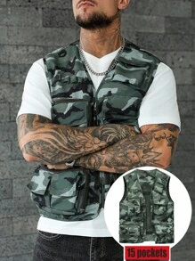 Manfinity LEGND 男士迷彩印花休闲背心，多口袋，无袖夹克，适合户外、钓鱼、摄影、宽松版型、春秋装、2000 年代风格 - 彩色 - 查看 4