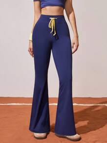 CourtClass Stitched Navy Blue & Yellow Casual Bell Bottom Pants, Versatile - Navy Blue - View 3