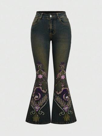 Hippie Boho Floral Embroidered Denim Flare Pants, Retro Hippie-Style For Summer Music Festivals