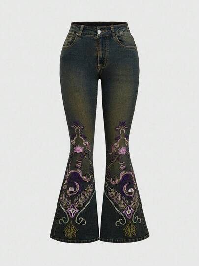 Hippie Pantalon évasé en jean avec broderie florale bohème, style hippie rétro pour les festivals musicaux d'été