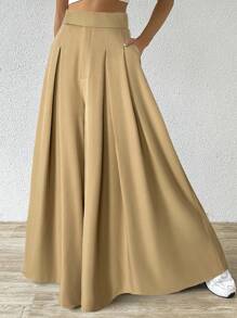 SHEIN EZwear 棕色女士褶皱阔腿休闲裤 - 棕色 - 查看 3