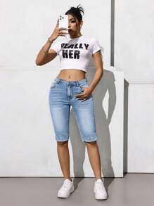 SHEIN ICON 女式口袋休闲百搭短款牛仔裤 - 藍色 - 查看 3