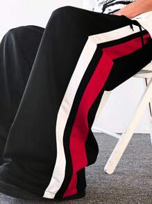 Claim Dot 男士抽绳腰侧条纹阔腿宽松休闲运动裤 男士阔腿侧条纹裤 男士街头潮流裤 男士侧条纹裤 男士宽松宽裤 男士阔腿裤 - 黑色 - 查看 3