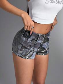 SHEIN ICON 女士时尚迷彩印花低腰牛仔短裤，夏季 - 綠色 - 查看 5