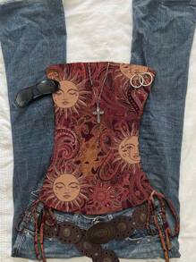 Attitoon Red Sun God Inspired, Bohemian Style, Fall Women's Clothing, Western Influence, Punk Rock Inspired, Y2K Punk Aesthetic, Music Festival Fashion, Boho, Beach Style, Summer Miami Girl Vibe, Women's Ruched Tie Front Crop Top Celestial Dress Boho Sun Dress Witchy Clothes Boho Hippie Clothes For Women,Back To School Goth Suitable For Going Out - Multicolor - View 5