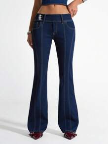 SHEIN Unity Women's Casual Low-Waist Denim Bell-Bottom Pants With Pockets - Dark Wash - View 3