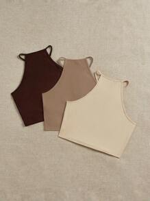 SHEIN EZwear 3 件套女士深棕色、卡其色、杏色背心，适合夏季