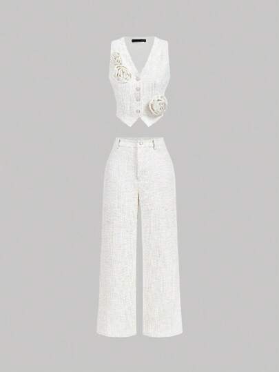 SHEIN MOD 2件套女士春夏秋季白色碎花背心和阔腿裤套装