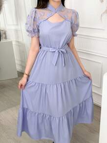 少女优雅夏季甜美粉色蕾丝拼布纯色迷你立领褶皱泡泡袖A字短裙分层裙迷你派对鸡尾酒会礼服 - 紫色 - 查看 1