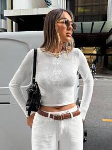 Siren Gaze 老钱风格返校教师女装冬季秋季复古风情白色碎花长袖上衣紧身高弹力女式碎花提花落肩长袖短款毛衣 - 白色 - 查看 5