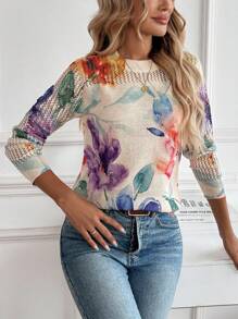 EMERY ROSE New Vintage Artistic Tie-Dye Print Round Neck Lightweight Ice Silk Women Pullover Sweater, Stylish For Spring And Summer Floral Sweaters For Women Colorful Tops For Women Women Blouses Long Sleeve Summer Sweaters For Women Women Sweaters