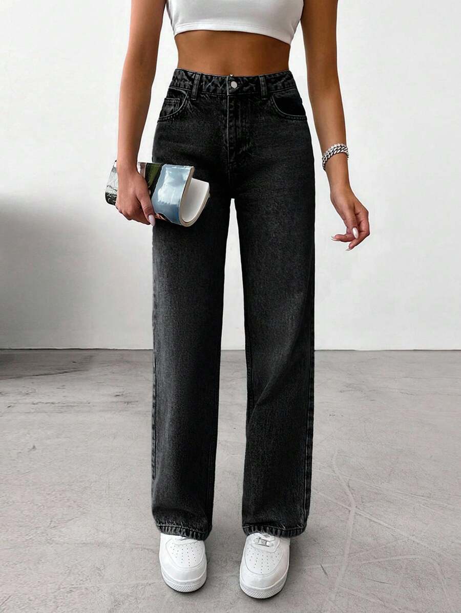 SHEIN Cottnline 100%Cotton Women's Vintage Washed Straight Leg Jeans - Black - View 1