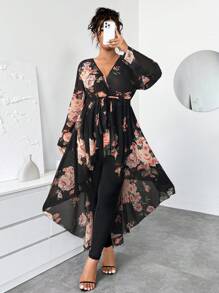 Elenzga 大码女式 2 件套优雅黑色背景大花雪纺长袖 V 领摆束腰上衣和紧身打底裤服装 - 彩色 - 查看 5