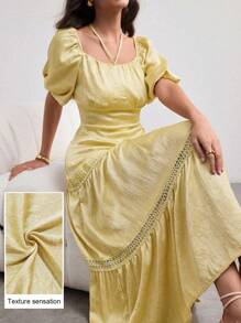 Modelyn Fashionable & Elegant Tie Neck Patchwork Knitted Yellow Dress - Yellow - View 1