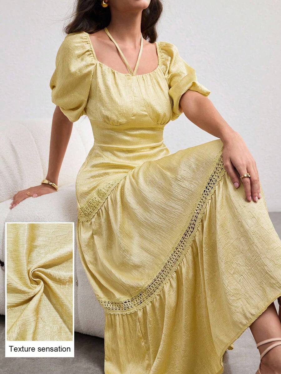Modelyn Fashionable & Elegant Tie Neck Patchwork Knitted Yellow Dress - Yellow - View 1