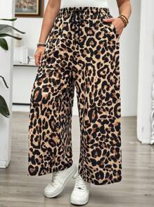 EMERY ROSE Plus Size Casual Loose Leopard Print Wide-Leg Pants,Summer Outfits For Women,Casual Outfits  For Women,Autumn,Fall Women's Clothes,Fall Clothes - Brown - View 4