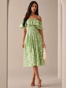 Lilora 女士优雅露肩花卉印花中长休闲连衣裙，通勤和日常穿着都市风格优雅浪漫 V 领连衣裙都市休闲，浪漫优雅，外出 - 酪梨綠 - 查看 3