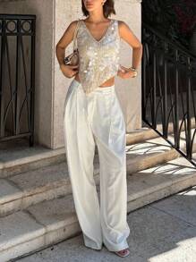 Siren Gaze Áo cánh không tay cổ chữ V lấp lánh viền bất đối xứng cho nữ - Màu be - Xem 11