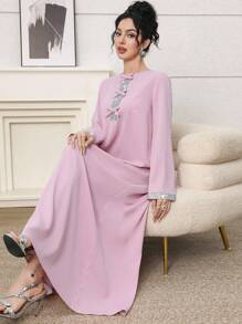 Yasmyna Elegante Kleid mit Schleife-Akzent und Strass in rosa arabischem Stil für Frauen