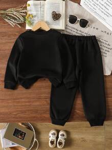 مجموعة بنطلون رياضي بسيط وبلوزة مع تطريز ثلاثي الأبعاد على الطراز الياباني لفتيات صغيرات، طقم ملابس شتوي/خريفي للأطفال - الأسود - مشاهدة 2