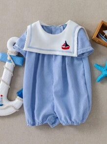 PrepCrw Baby Boy Collegiate Style Colorblock Sailor Collar Shortall - Blue and White - View 6