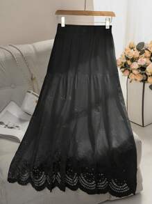 Mulvari 女式中长款松紧腰孔眼刺绣半身裙，春夏 - 黑色 - 查看 2
