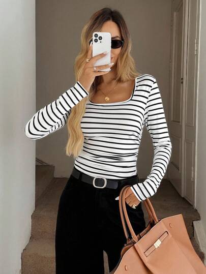 Easowa Spring/Summer Crew Neck Gathered Waist Stripe Print Casual Sports Fitted T-Shirt