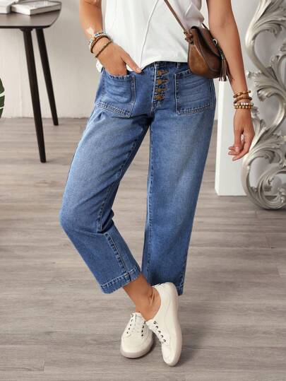 EMERY ROSE Plus Size Women Casual Button Front Pocket Design 7/8 Length Jeans