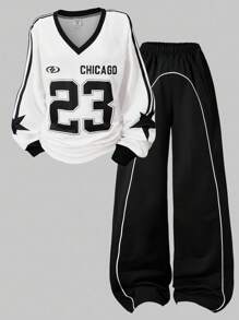 SHEIN Explorewe Streecool 儿童休闲校园少女印花拼接条纹长袖上衣和工装裤两件套